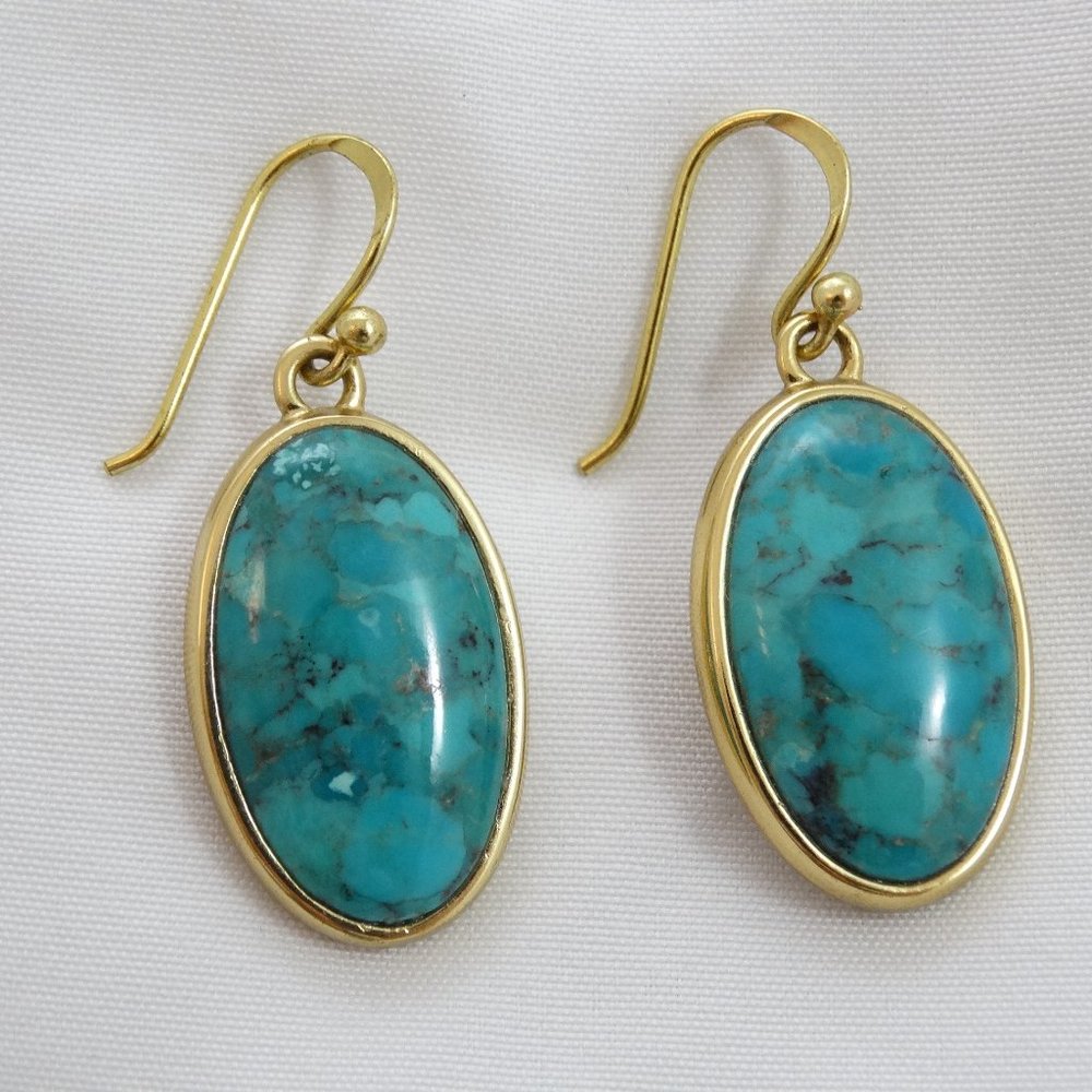 Barse Blue Turquoise Bronze Earrings Dangle Oval BR Thai